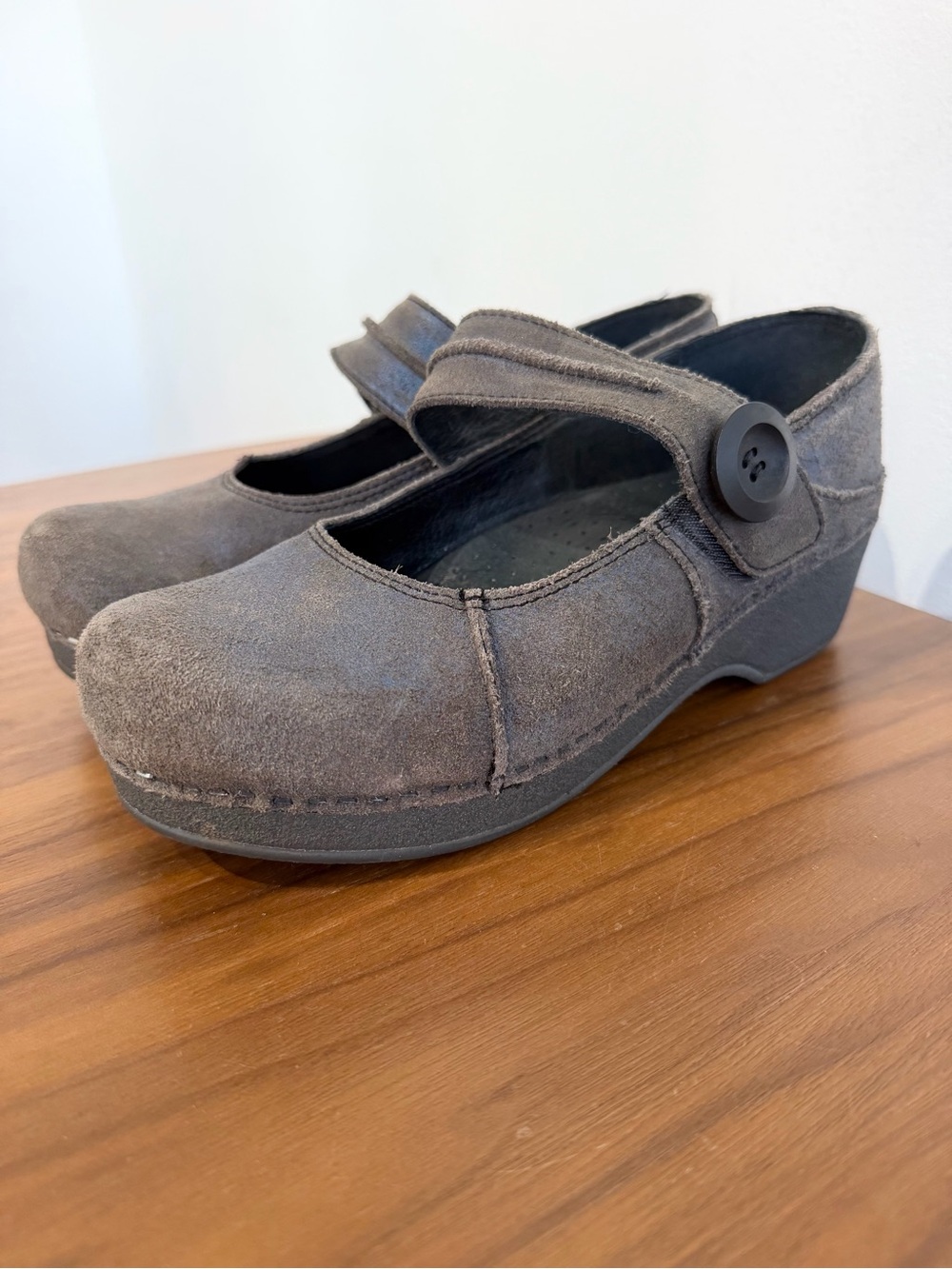 Dansko Gray Suede Mary Jane Clogs with Velcro Button Strap
